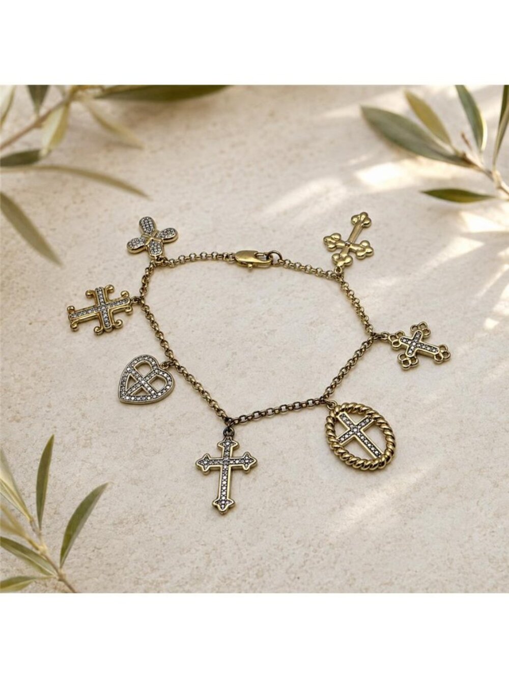 Cross Charm Bracelet Two Tone Gold Plated Christian Faith 7 in PAJ Vintage